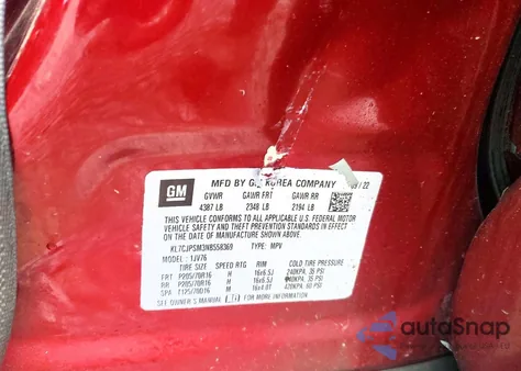 2022 Chevrolet Trax 1Lt z USA, uszkodzony, nr VIN KL7CJPSM3NB558369